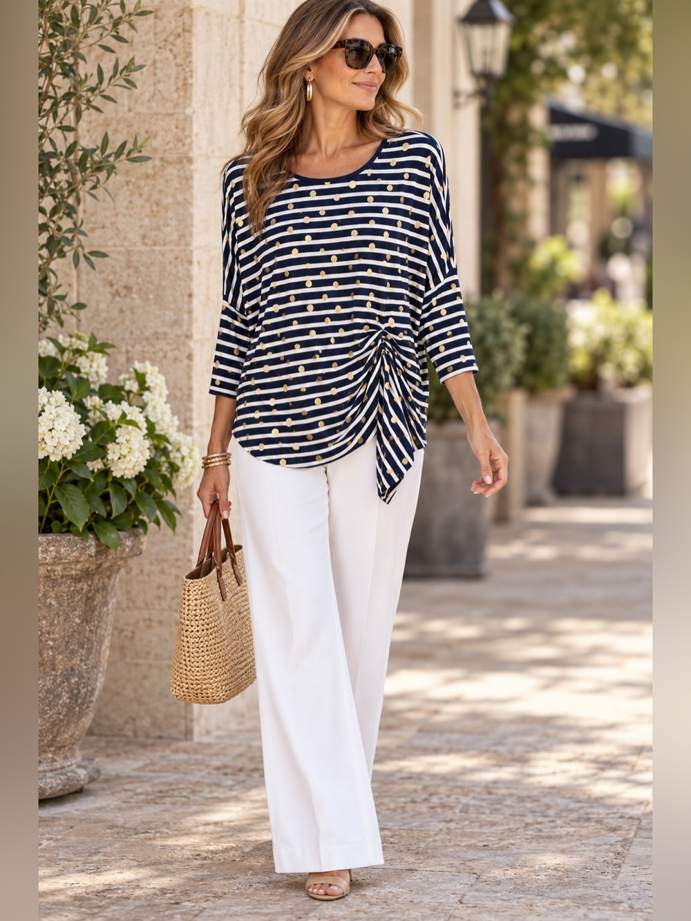 Frank Lyman Navy White Stripe Gold Dot Ruched Top Size 8 Made in Canada